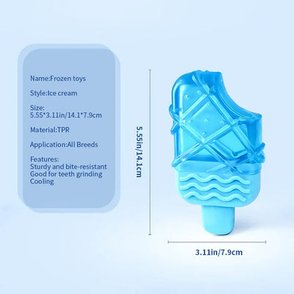 Set of four water-filled silicone dog cooling toys: pacifier, popsicle, and two rings.