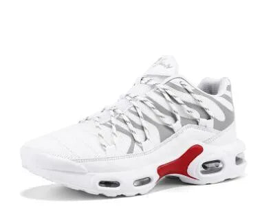 Men's breathable mesh sports shoes with rubber sole, air cushion, front lace-up, available in black, blue, red, and white