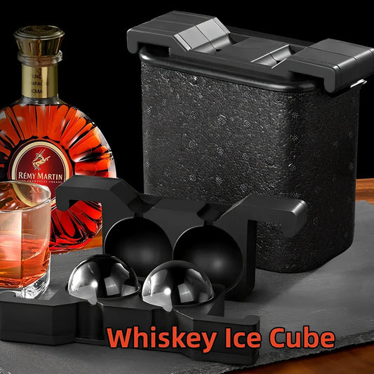 Whiskey ice cube tray with hockey puck and skull designs creating crystal clear ice