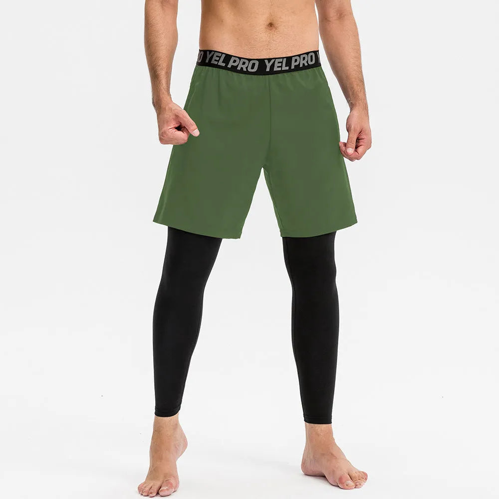 Men's tight fitness pants in polyester spandex fabric showing quick-dry properties and high elastic compression for athletic training