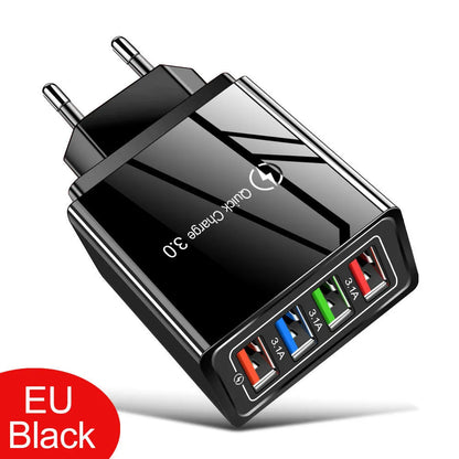 Four-port USB mobile phone charging head with luminous indicator in multiple colour options
