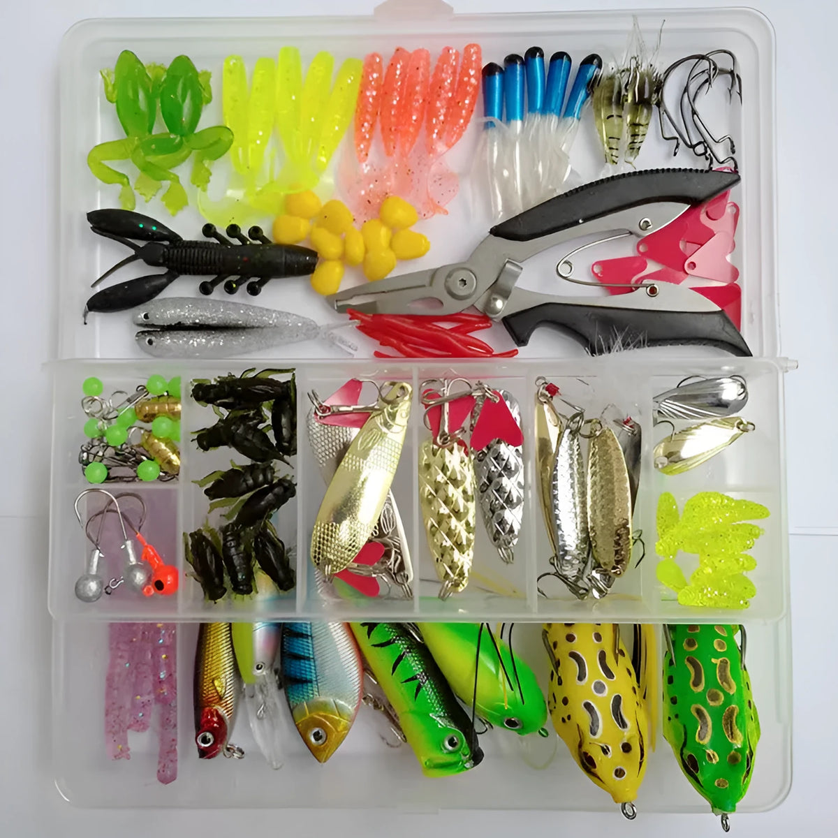 142-piece fishing lure set with metal baits, plastic lures, sequins, and fishing pliers organised in tackle box