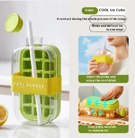 Portable instant ice maker cup in green colour with straw, showing one-click molding mechanism.