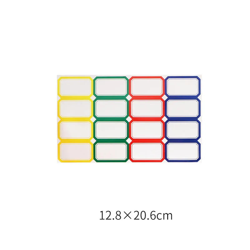Handwritten label adhesive sticker set showing grid layouts, sticky notes, and A6 rulers on paper