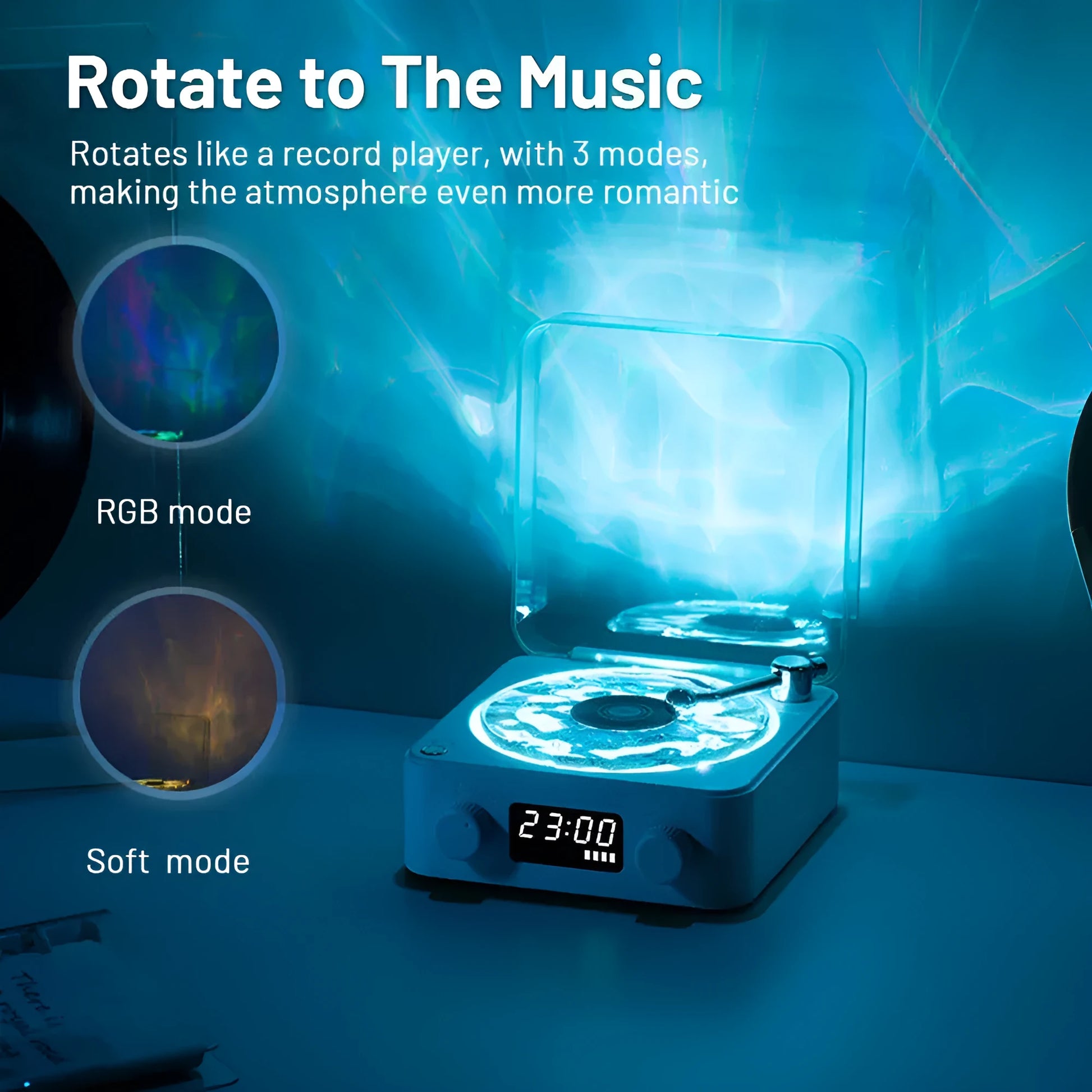 Retro-style turntable Bluetooth speaker with glowing RGB light projection on a wooden surface.
