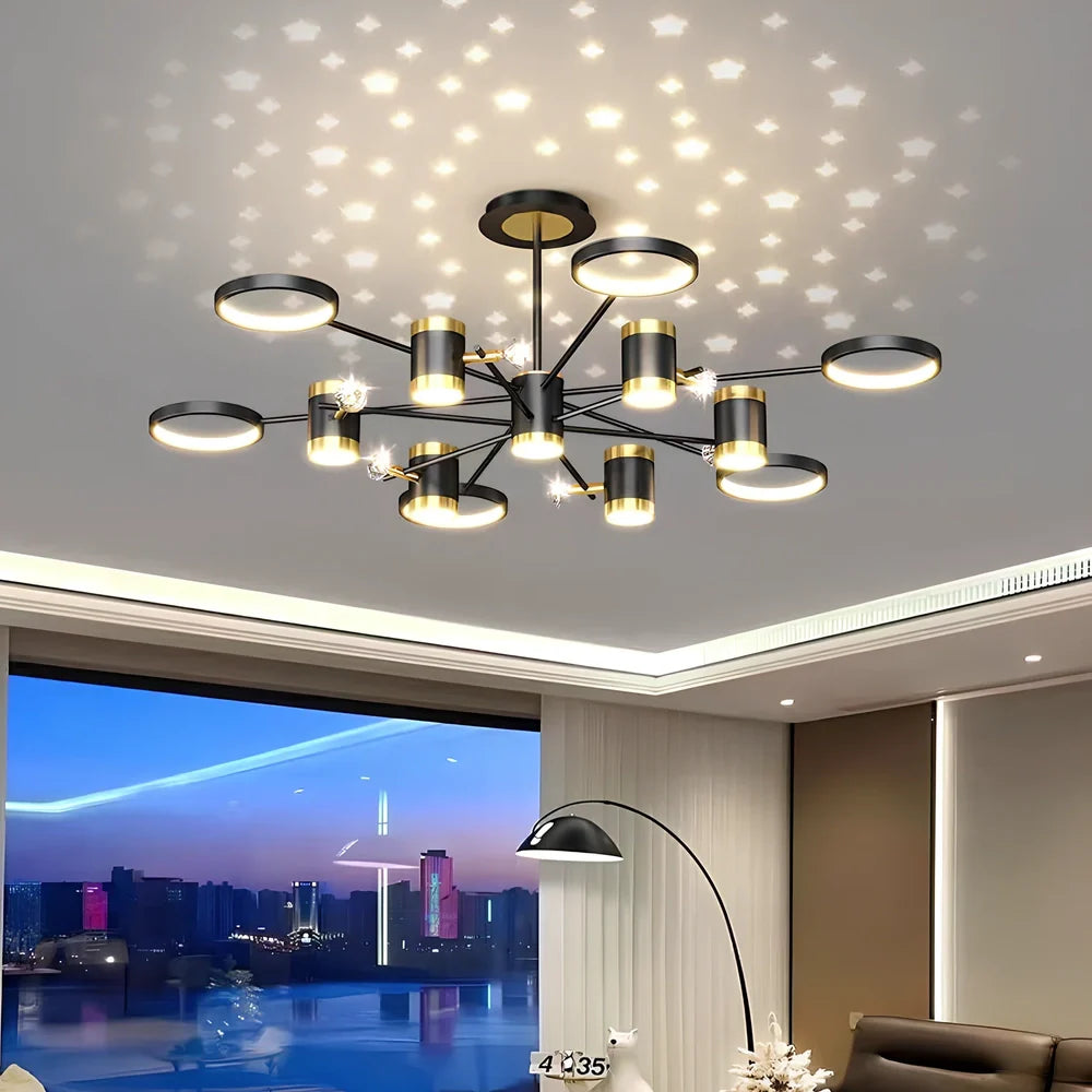 Black iron pendant lamp with 13 light heads, remote control, and adjustable 30cm height for 15-30m² rooms