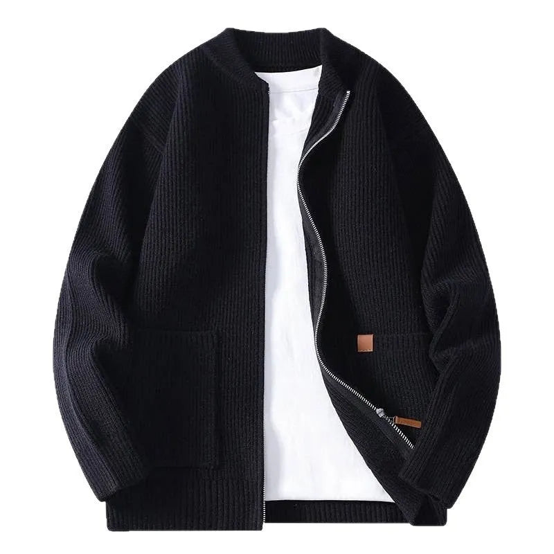Men's straight-fit striped cardigan jacket in a Vinylon-blend knit, shown in one of five colour options.