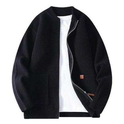 Men's straight-fit striped cardigan jacket in a Vinylon-blend knit, shown in one of five colour options.