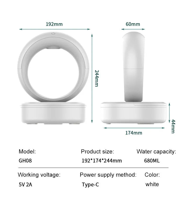 White round anti-gravity desk humidifier showing levitating water droplet effect with USB connection