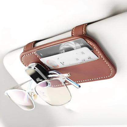 Leather car sun visor card holder with glasses clip in various colours