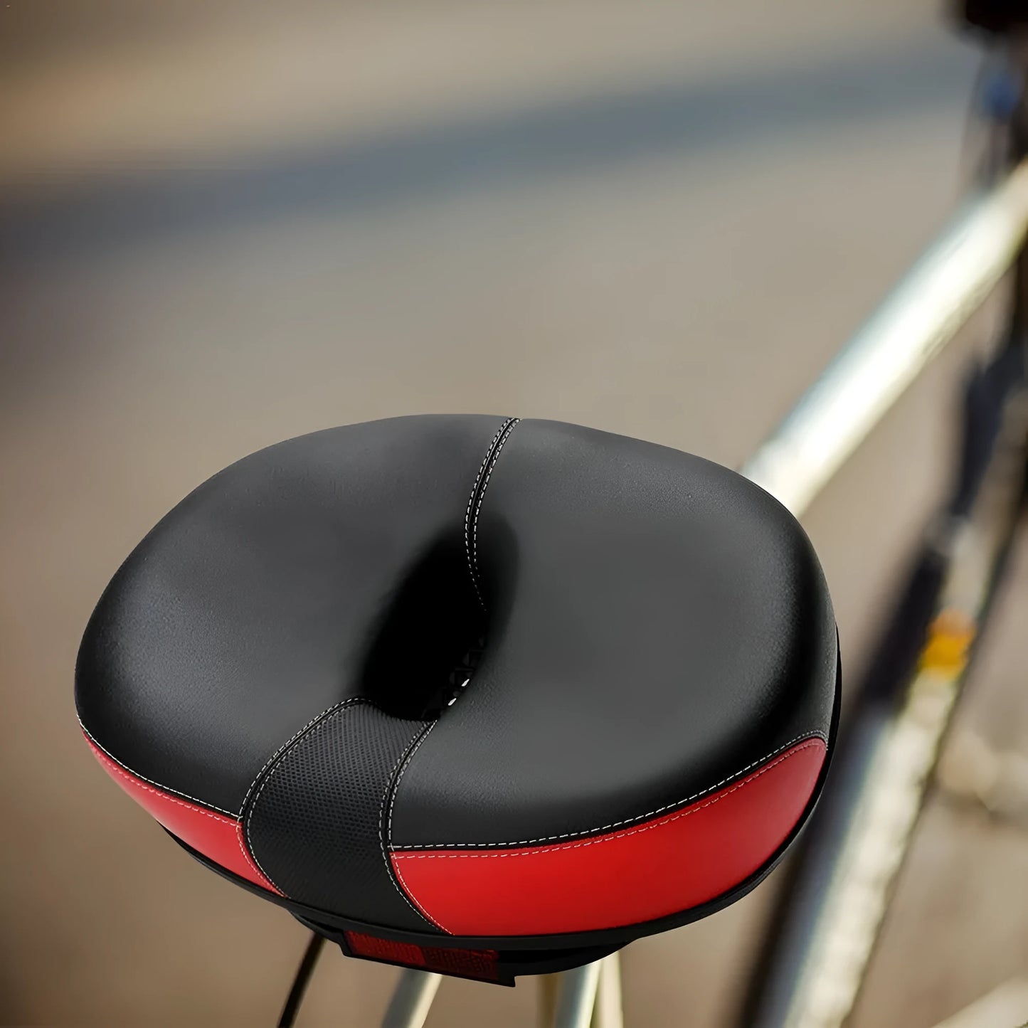 Thickened red mountain bike saddle with reflective details and shock absorber.