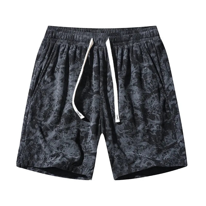 Men's corduroy camouflage athletic shorts in grey with a high-waist and straight-leg design.