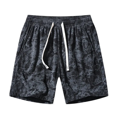 Men's corduroy camouflage athletic shorts in grey with a high-waist and straight-leg design.