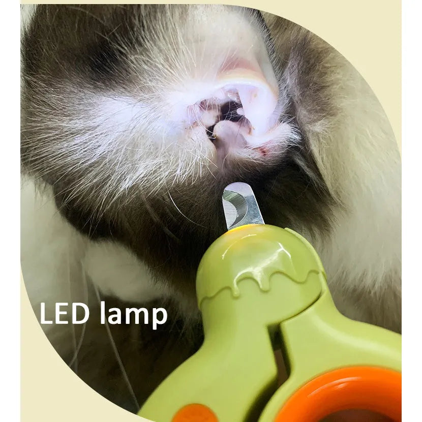 Blue pet nail clippers with LED light on for trimming cat or dog claws