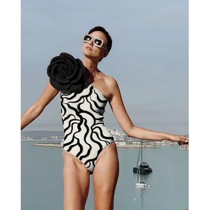 Women's one-piece swimsuit with three-dimensional flower print, tight European American fit.