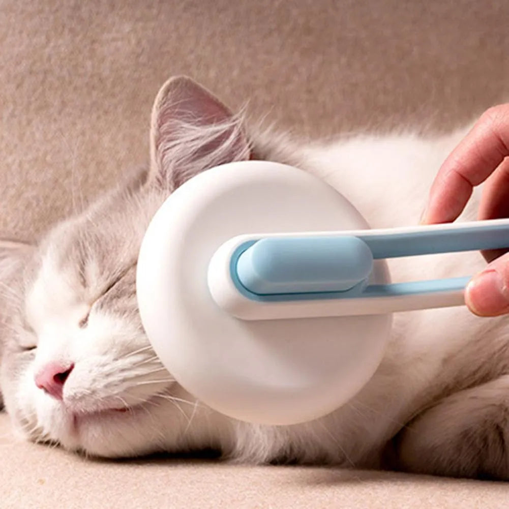 Automatic pet grooming brush with stainless steel teeth and coloured handle showing release button