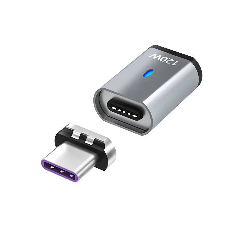 Dark grey magnetic charging adapter showing elbow connection design with multiple adapter heads for different device ports