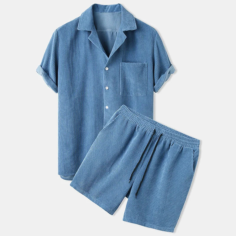 Corduroy short sleeve suit two-piece in yellow, green, and light blue