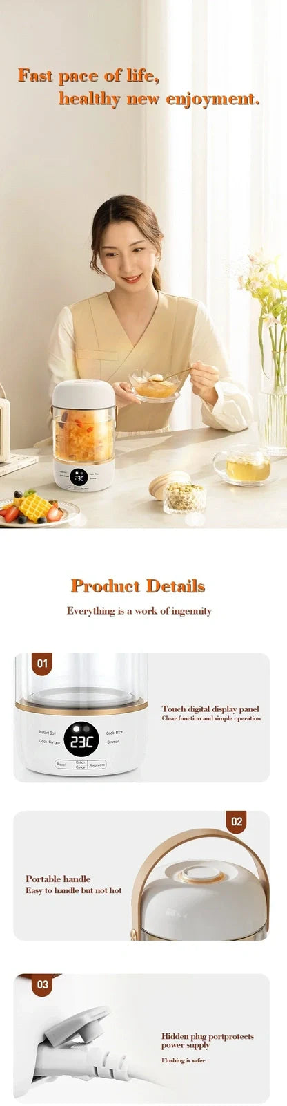 Smart electric stew cooker with transparent visual version showing Gao Peng glass inner liner