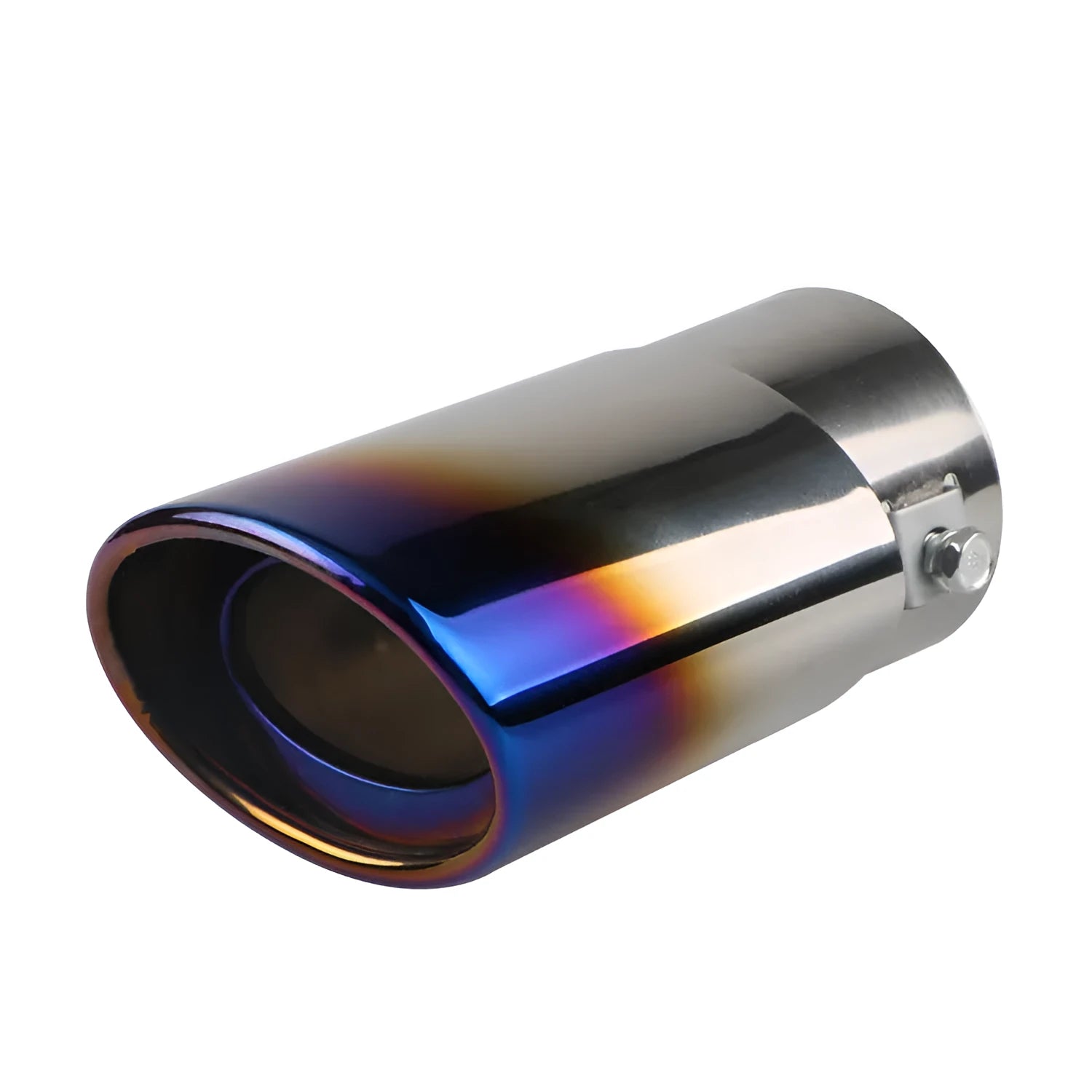 Stainless steel car exhaust tailpipe in baked blue finish, showing straight and curved outlet options.