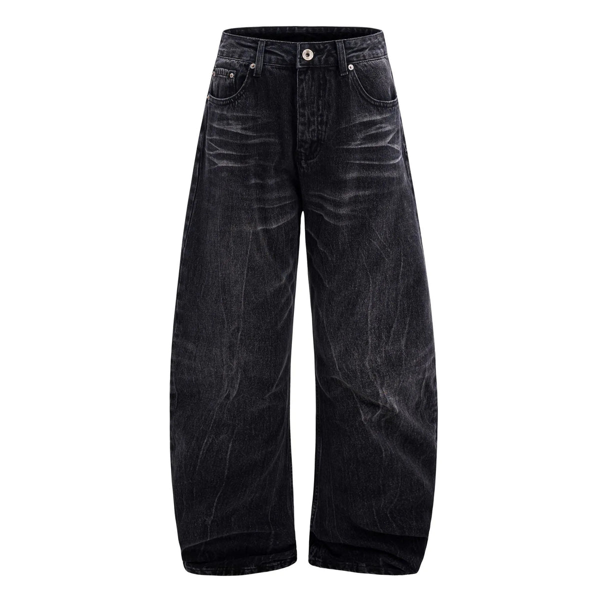 Men's black straight-leg jeans featuring a distinctive lightning crack washed pattern on the denim.