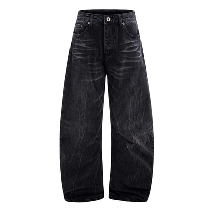 Men's black straight-leg jeans featuring a distinctive lightning crack washed pattern on the denim.