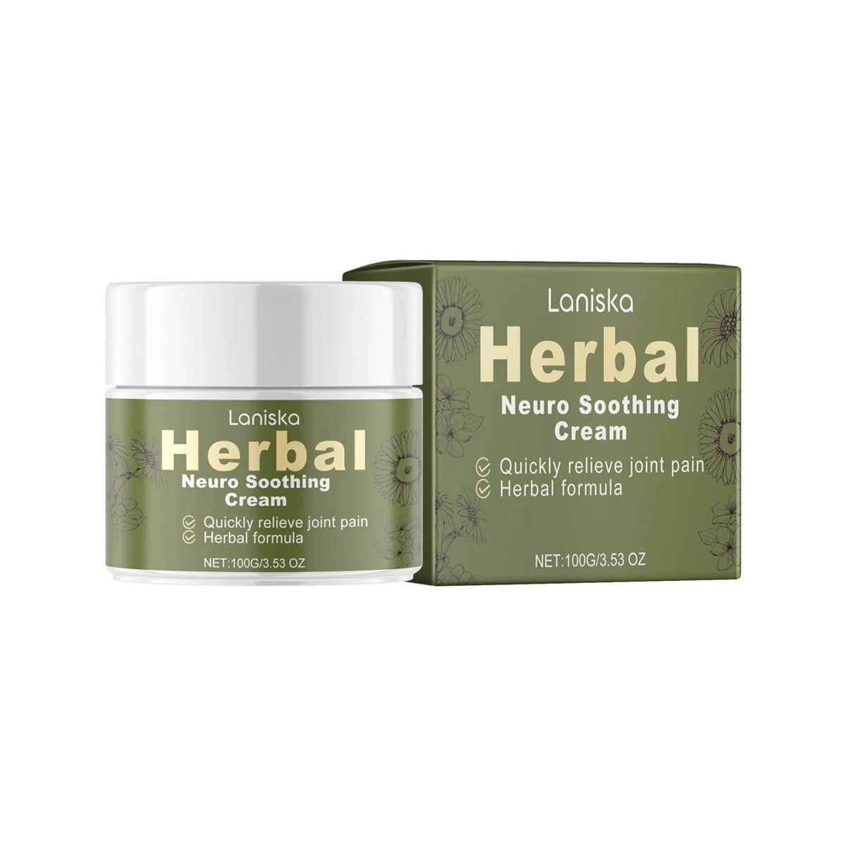 100g container of botanical body care cream with arnica, pepper, and mugwort root ingredients