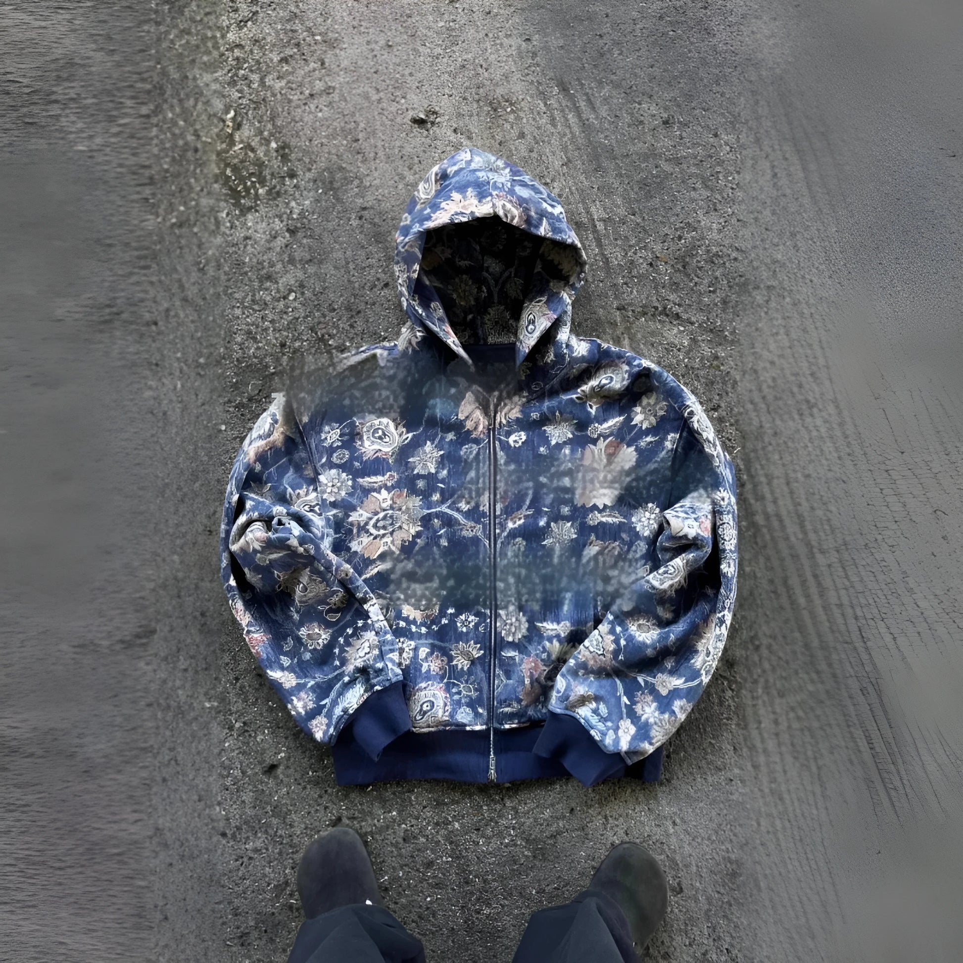 Men's loose blue hooded zip coat with digital printing showing front view
