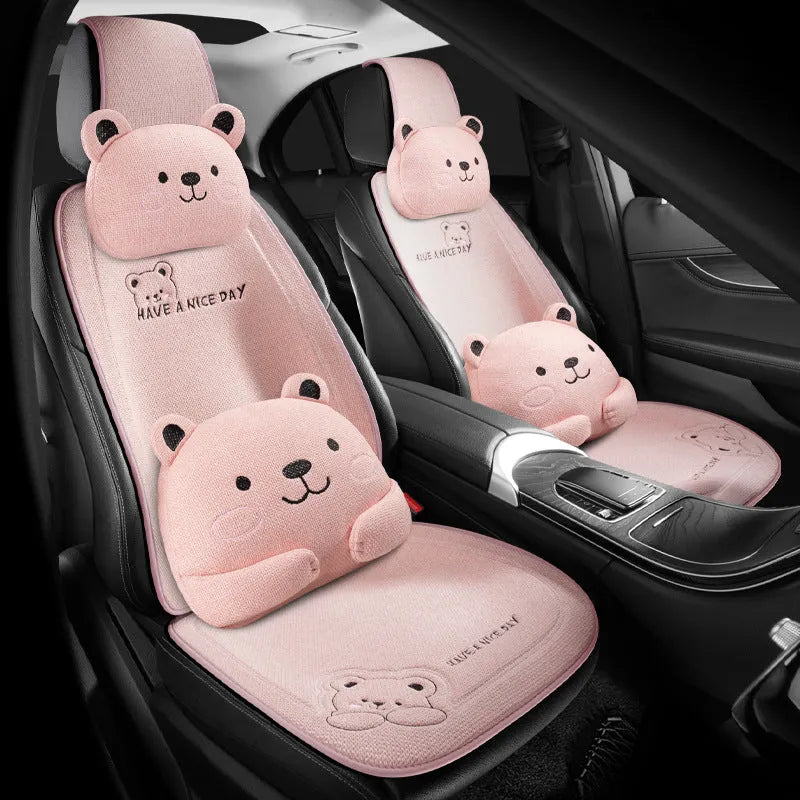 Car seat cushion set showing a linen cushion and separate lumbar support pillow in a choice of five colours.