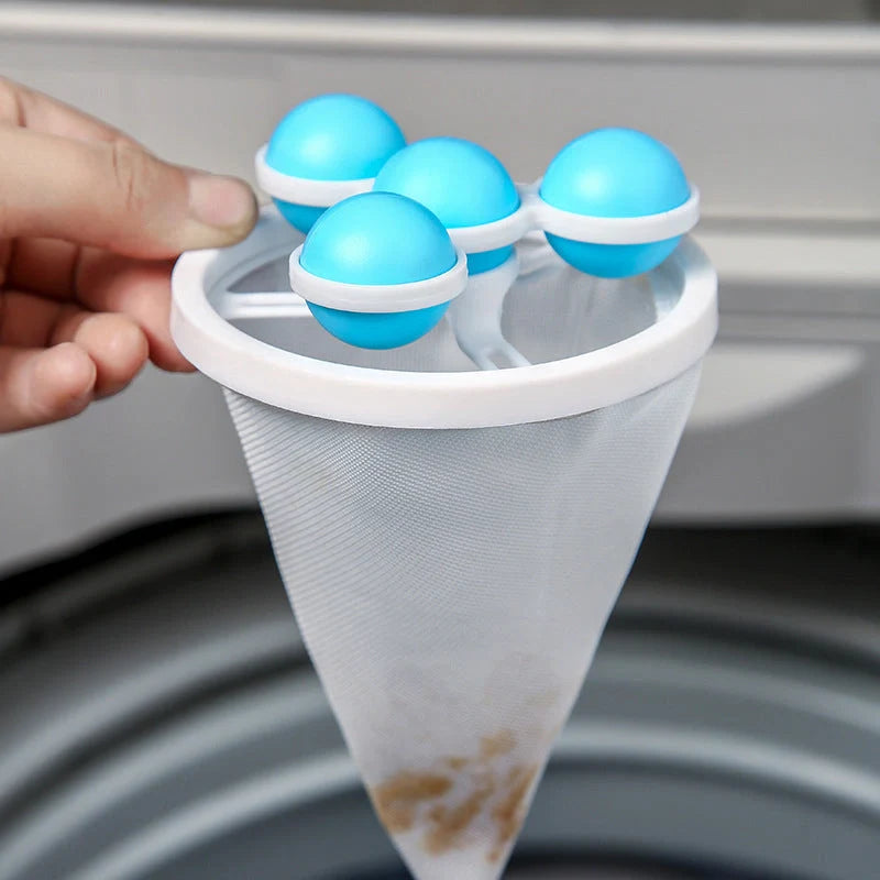 Ultra-fine mesh washing machine lint catcher in purple, blue, and pink