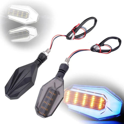Pair of motorcycle LED indicator signal lights showing the two-colour light guide and 30 LED design.