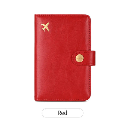 PU passport wallet with sewing line detail, shown in multiple colours including black, pink, and blue, featuring anti-theft swiping protection.