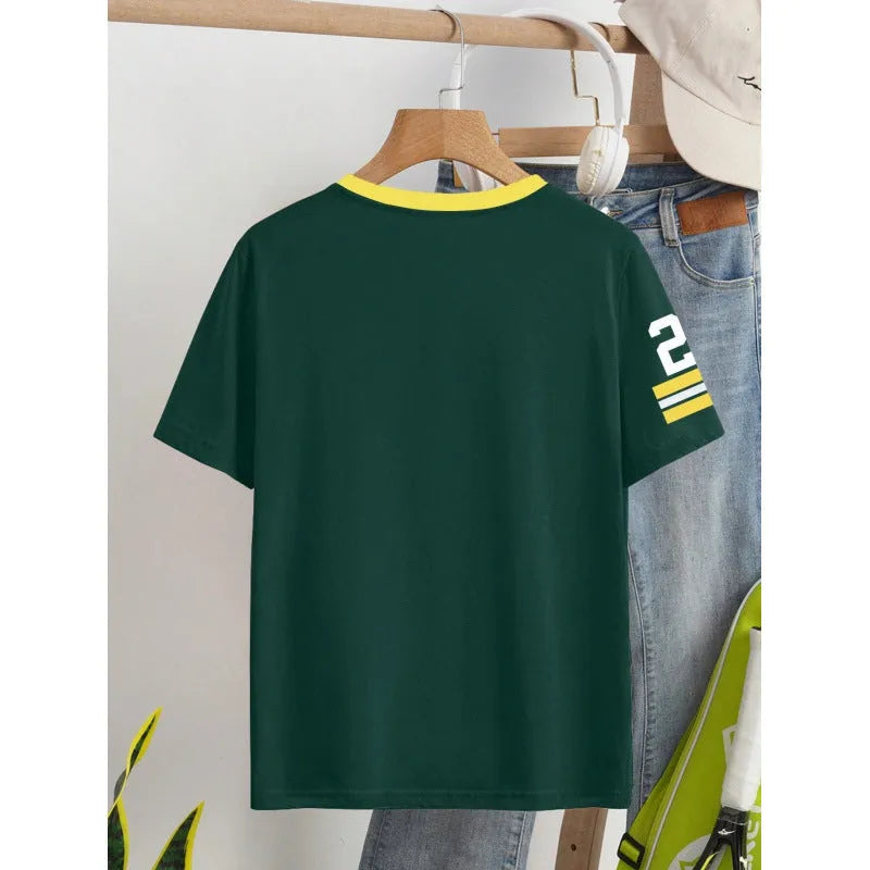 Red loose fit cotton t-shirt with white printed letters and short sleeves.