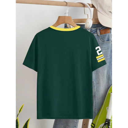 Red loose fit cotton t-shirt with white printed letters and short sleeves.