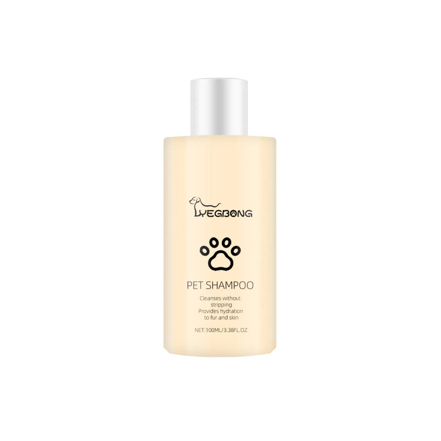 A bottle of mild pet shampoo for dogs, showing 100ml and 300ml size options.