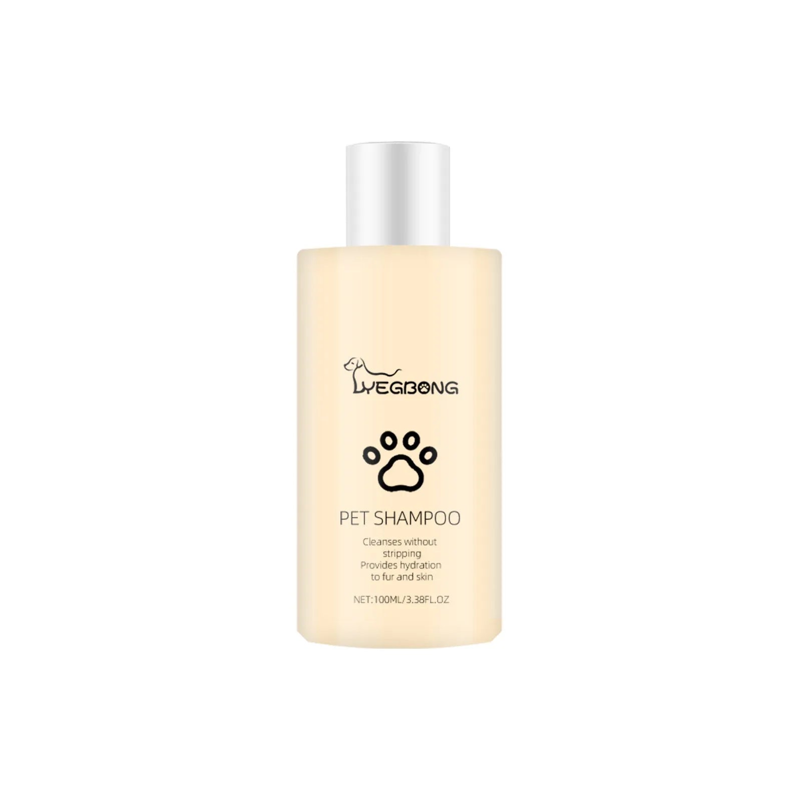 A bottle of mild pet shampoo for dogs, showing 100ml and 300ml size options.