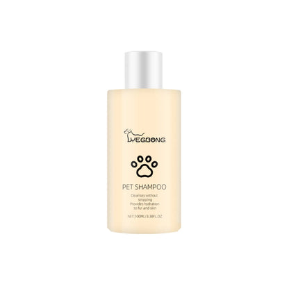 A bottle of mild pet shampoo for dogs, showing 100ml and 300ml size options.