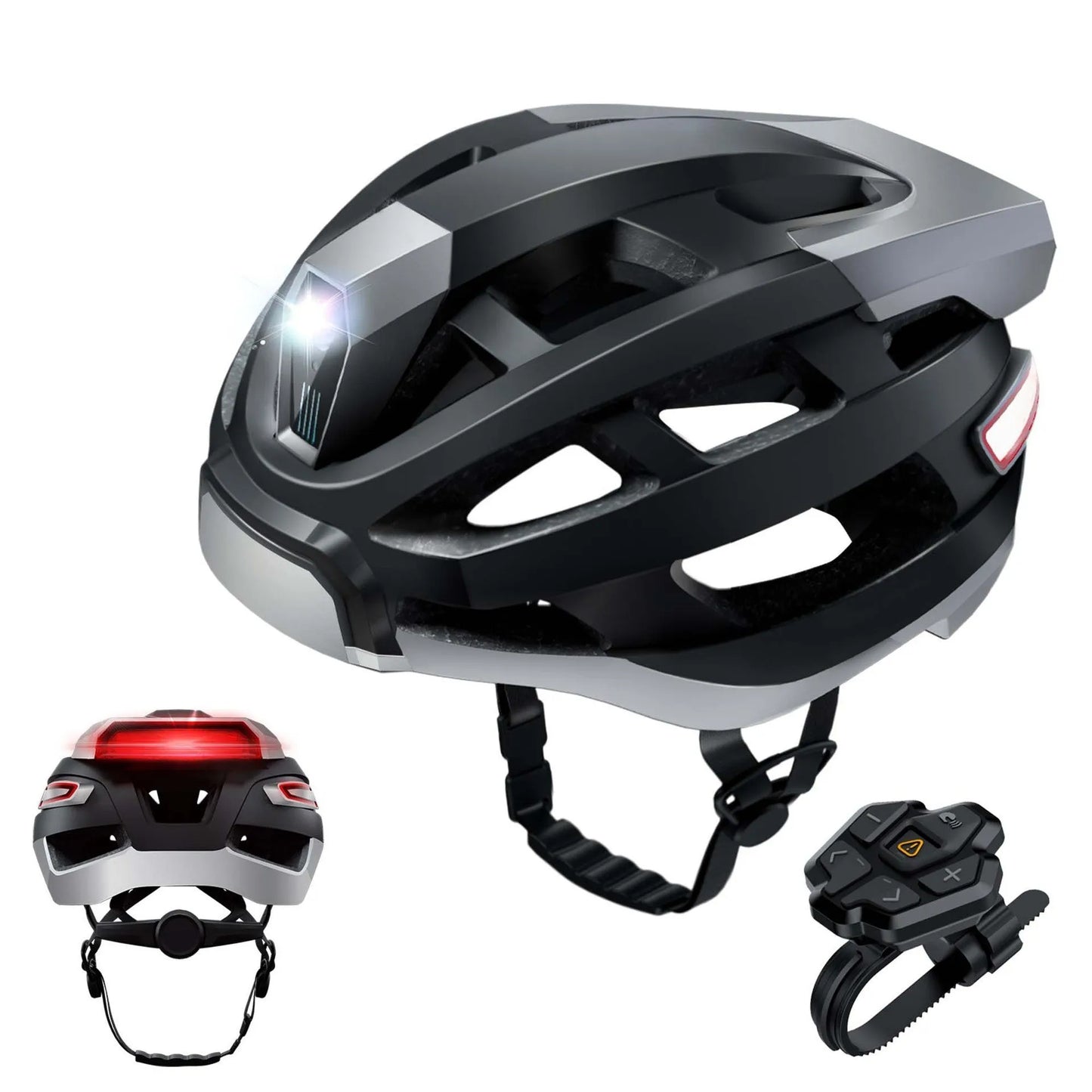 Black and grey adult cycling helmet with integrated Bluetooth warning light on the rear.