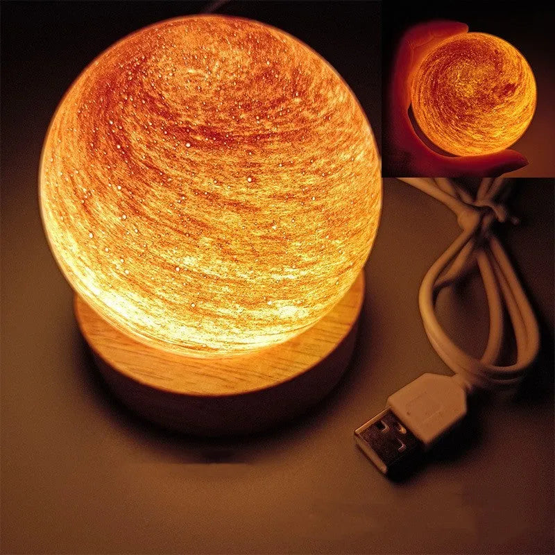 Planet night light with USB cable and base, showing 80mm model and three-colour dimming options