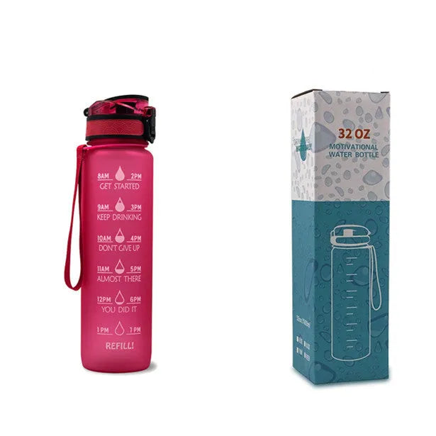 Blue and red gradient 1 litre Tritan sports water bottle with time markers and a flip-top lid.