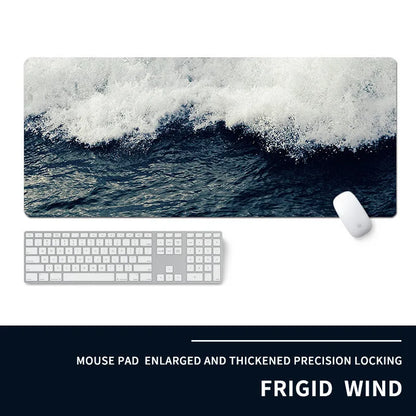 Oversized rectangular mouse pad with a printed design on a desk, next to a keyboard and mouse.
