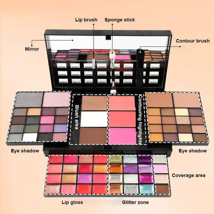 Open 74 colour makeup combination palette showing four layers of eyeshadow, lip gloss, blush and contour powders with brushes.
