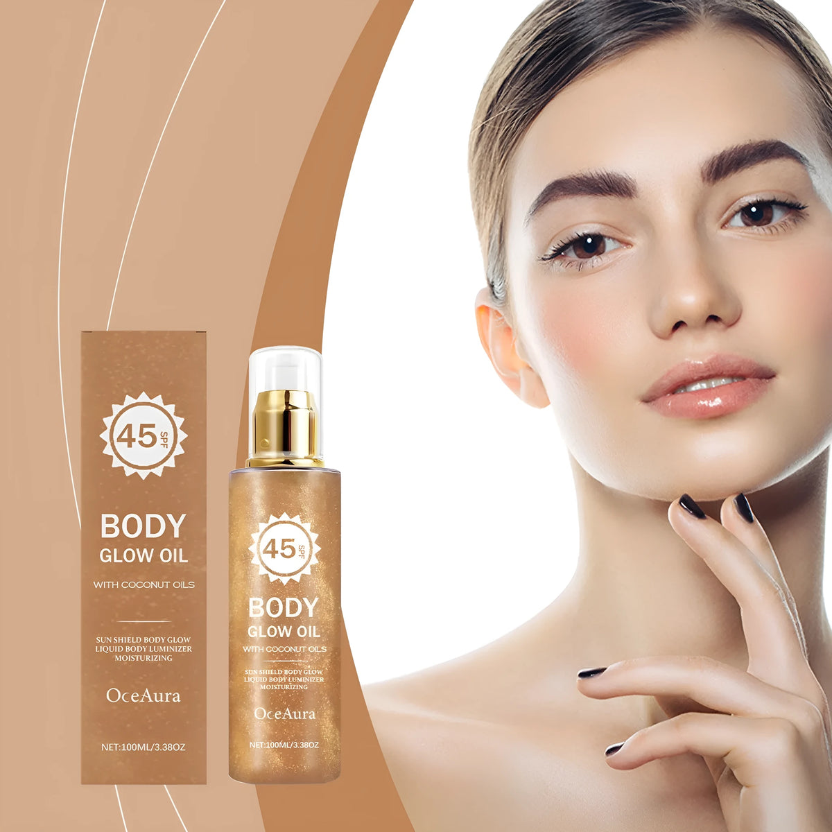 100ml bottle of Coconut Sparkling Sunscreen Oil with golden oil visible inside