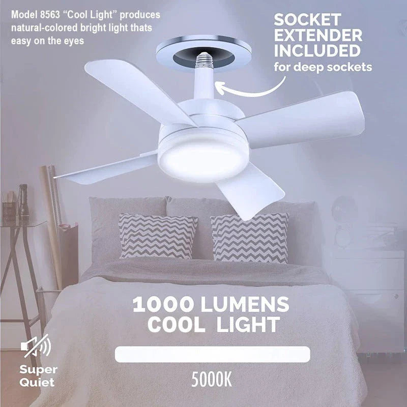 Versatile 4-blade ceiling fan with integrated LED light bulb, offering remote control for adjustable airflow and brightness