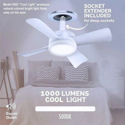 Versatile 4-blade ceiling fan with integrated LED light bulb, offering remote control for adjustable airflow and brightness