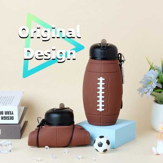 Brown rugby ball-shaped collapsible water bottle with leak-proof seal and non-slip grip