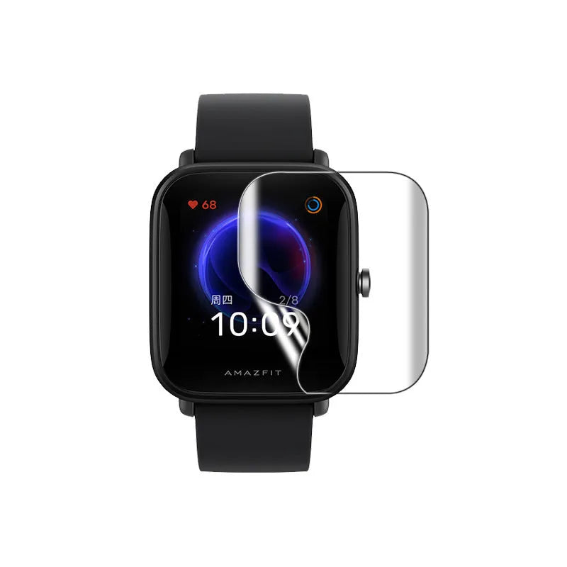 TPU hydrogel screen protector film for Amazfit Bip S smartwatch featuring anti-scratch and anti-fingerprint protection with self-healing properties in a full-coverage front film design
