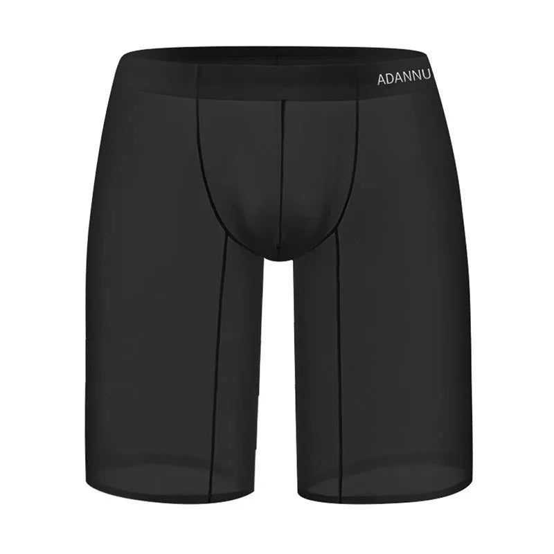 Men's black seamless nylon mesh lounge shorts on a hanger, showing hip-lift design and knitted texture.