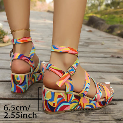 Women's lightweight buckle strap wedge sandals with a fish mouth toe design, shown in colour.