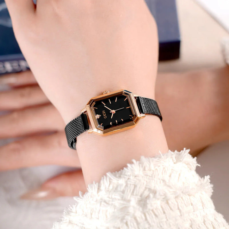 Women's casual square retro watch with rose gold shell case measuring 8mm thickness, featuring various dial and strap colour combinations including black, green, white, red, and blue options